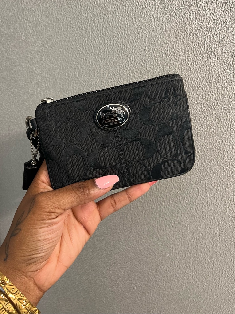 Coach Signature Jacquard Carriage Medallion Wristlet Black